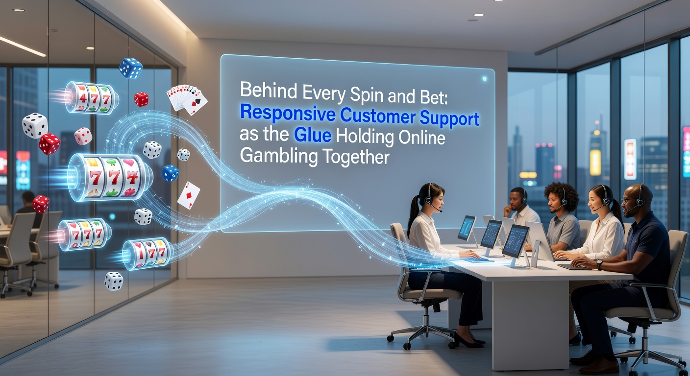 Illustration of various customer support channels including live chat windows, email interfaces, and phone headsets on a bustling online casino dashboard