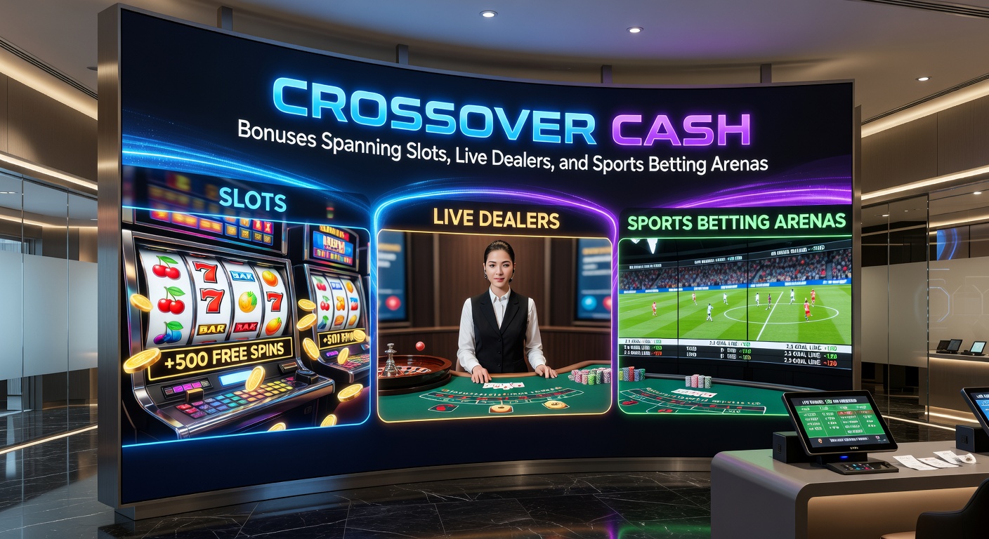 Dynamic split-screen graphic illustrating bonus cash flowing from slot machines through live dealer roulette wheels into sports stadium scoreboards