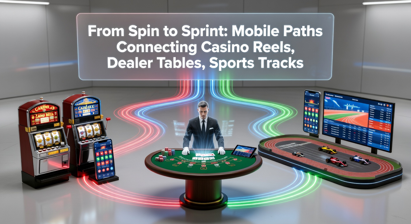 Close-up of fingers swiping on a mobile device, transitioning from colorful slot machine reels to a live dealer roulette wheel and then to a horse racing sportsbook interface