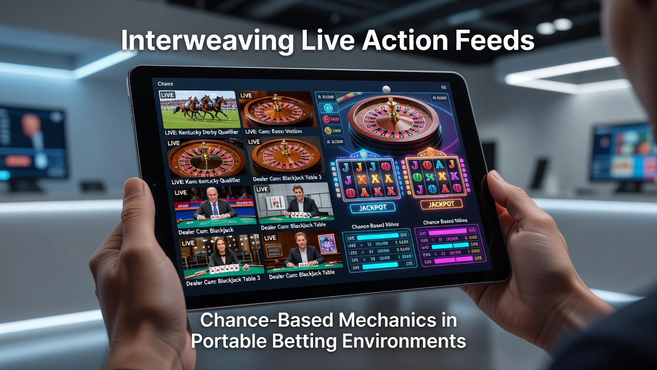 Close-up view of a tablet screen showing synchronized live dealer video and overlaid chance-based bonus wheel during a mobile session