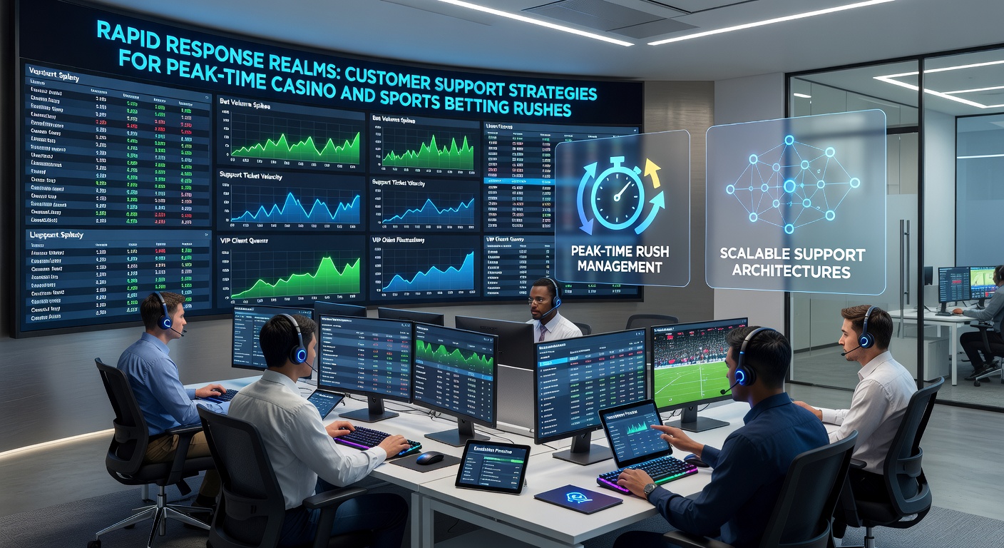 Dashboard showing real-time analytics for support metrics during a betting peak, with graphs of query volume and resolution rates