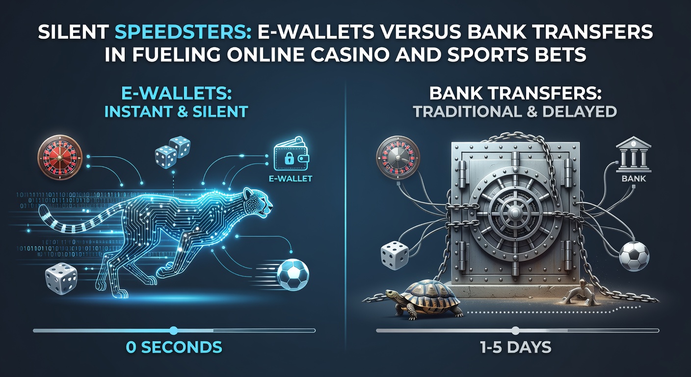 Split-screen comparison of a speedy e-wallet app screen versus a traditional bank transfer confirmation page, with clocks showing time differences in online betting contexts