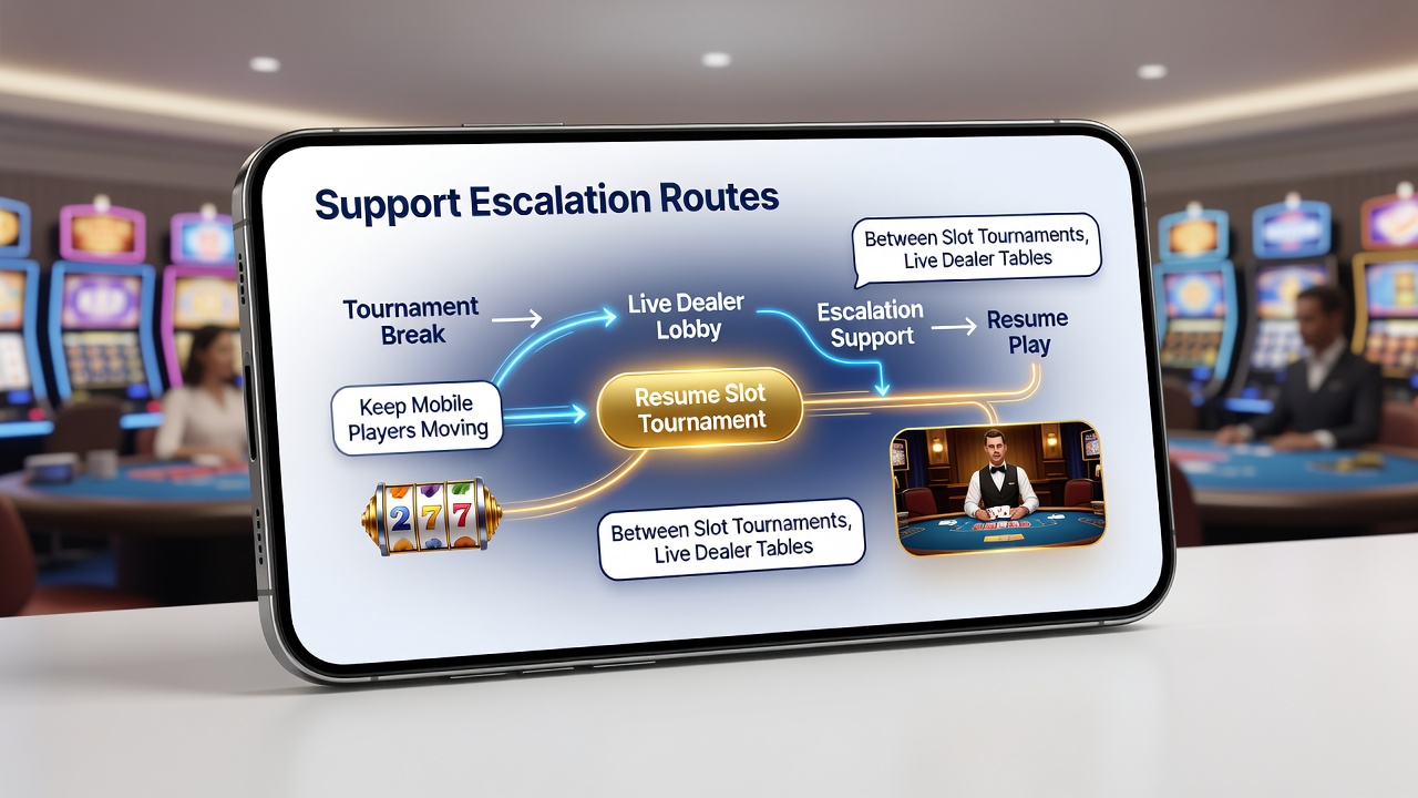 Support team dashboard illustrating escalation pathways connecting slot tournaments to live dealer and sports betting sessions